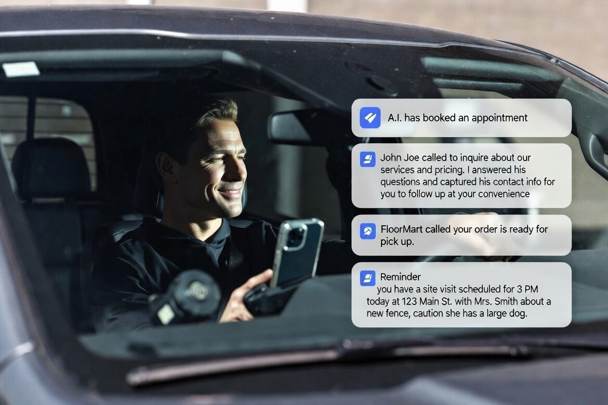 Contractor driving calmly while AI answers phone